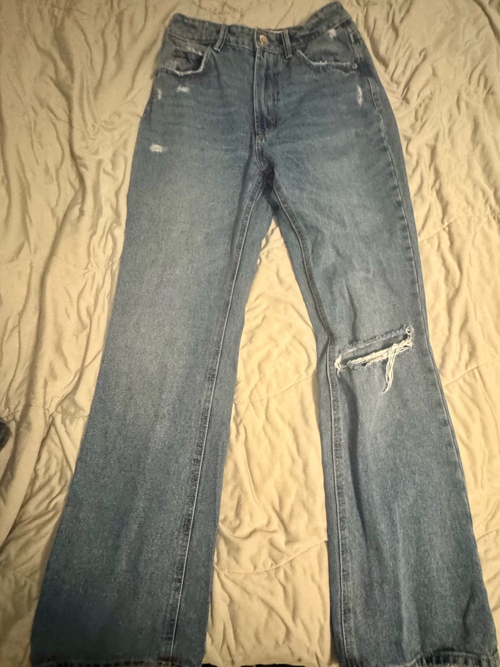 stradivarius Distressed Flare Jeans - Light Blue